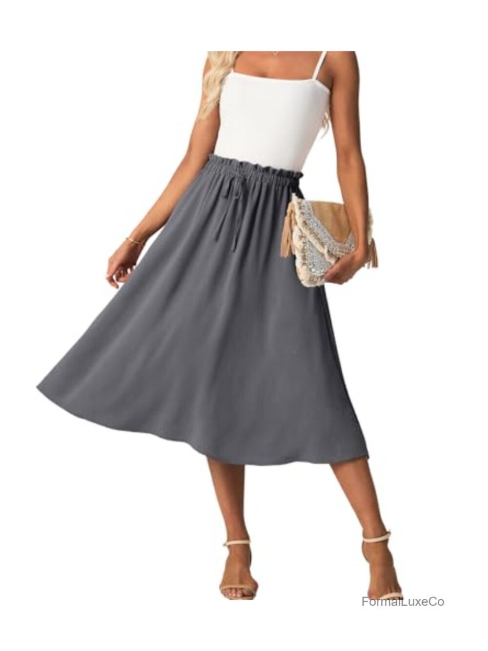 Women High Waist A-Line Midi Skirt Flowy Below Knee with Pockets